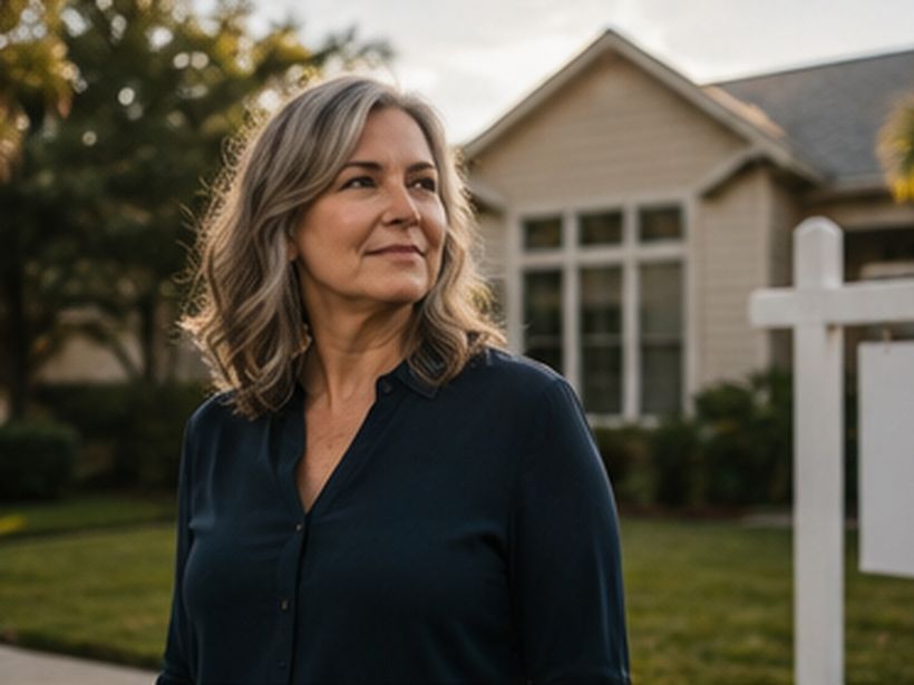 A Florida real estate agent in front of a home with a for-sale sign