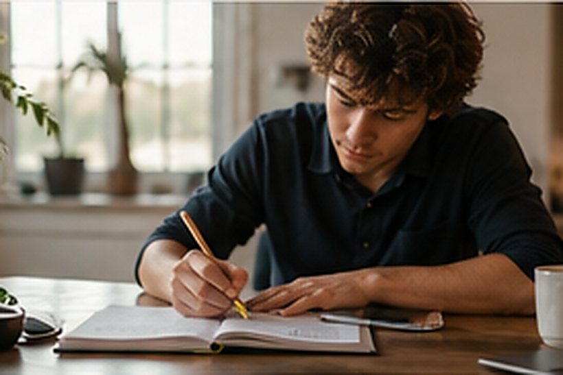 A student working through coursework at a table late in the evening
