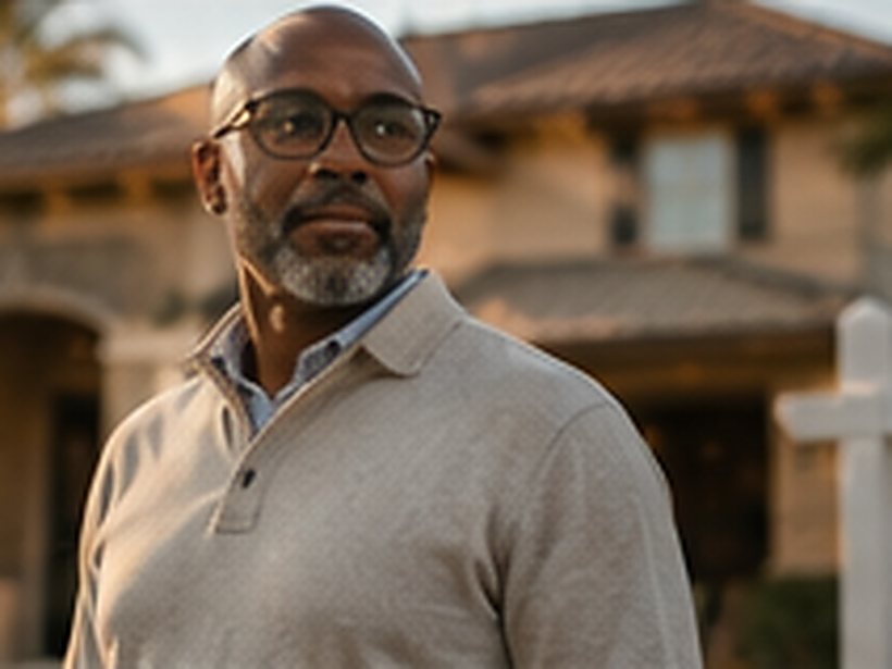 An experienced Florida real estate agent outside a home at dusk